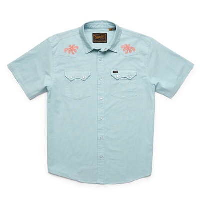 Howler Brothers Crosscut Deluxe Short Sleeve Shirt for Men Fronds : Nile Blue #color_fronds-nile-blue