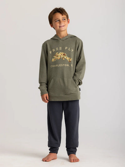 Free Fly Apparel Vintage Camo Redfish Fleece Hoodie for Youth Heather Fatigue