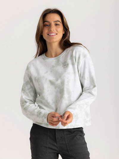 Free Fly Apparel Embroidered Logo Fleece Crew for Women Desert Sage Tie Dye